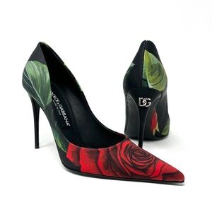 Dolce & Gabbana D&G Satin Rose Flower Floral DG Logo Heels Pumps Red Black 37 7